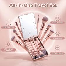 Travel Makeup Brush Set with LED Light Mirror